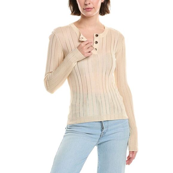 Frame Denim Womens  Laddered Rib Henley, White - Picture 1 of 3